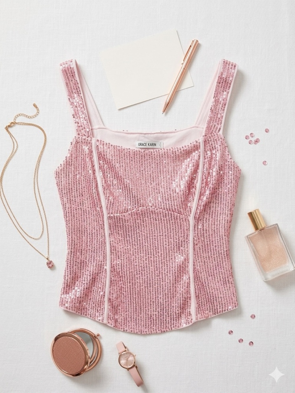 Grace Karin Pink Sequin Corset-Style Tank Top NWOT
